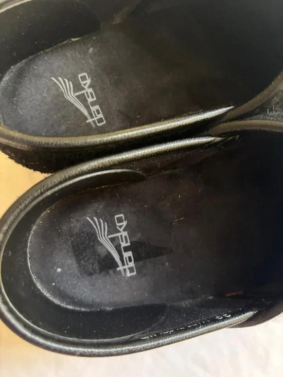 Dansko Black Wool Clogs with Yellow and Red Leaf Stitching - Picture 6 of 8